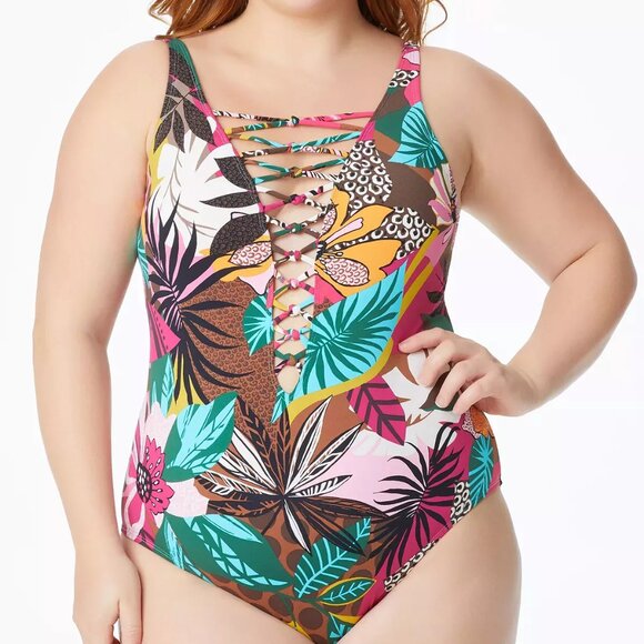 NWOT Bleu by Rod Beattie Plus Size Run Wild Printed Lace-up One-Piece Sz 22W - Picture 1 of 9
